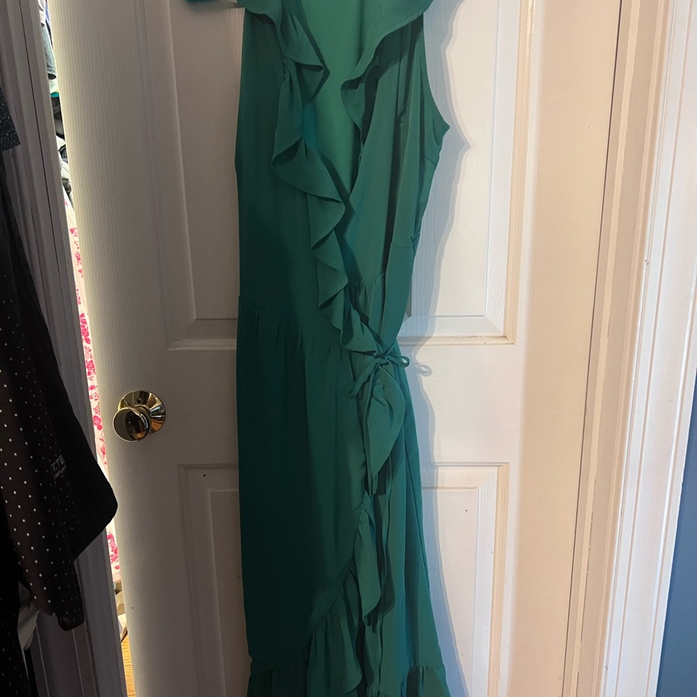 Green One Shoulder Ruffled Wrap Dress